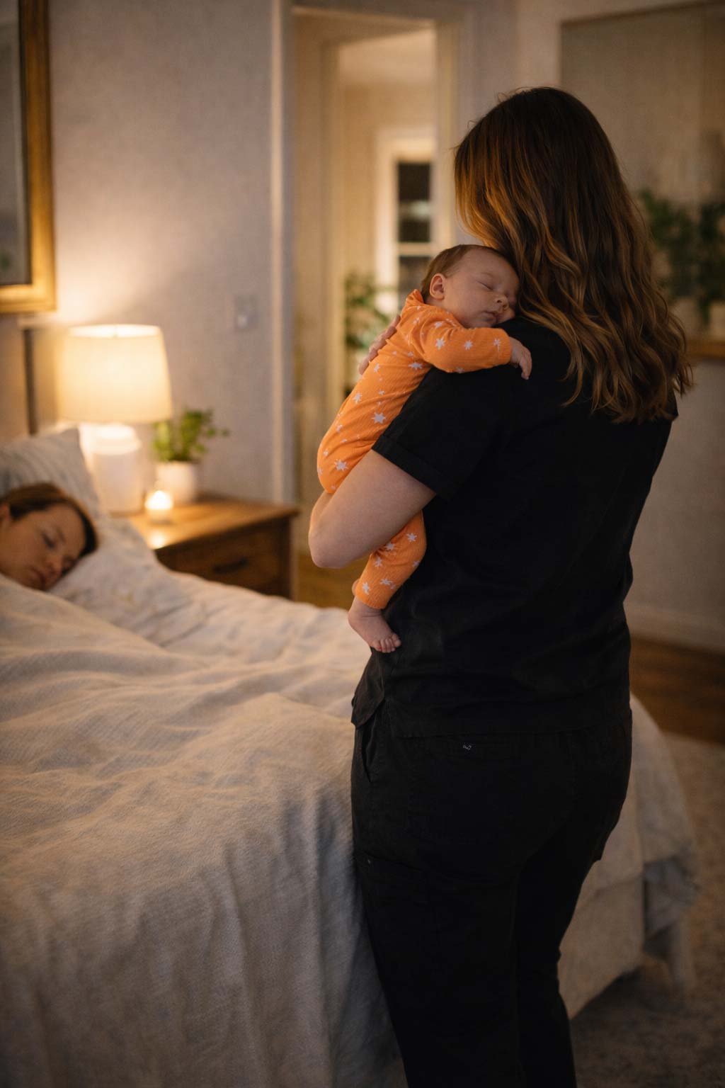 A nurse in black scrubs holding a sleeping baby in a dim bedroom while the mother sleeps behind her
