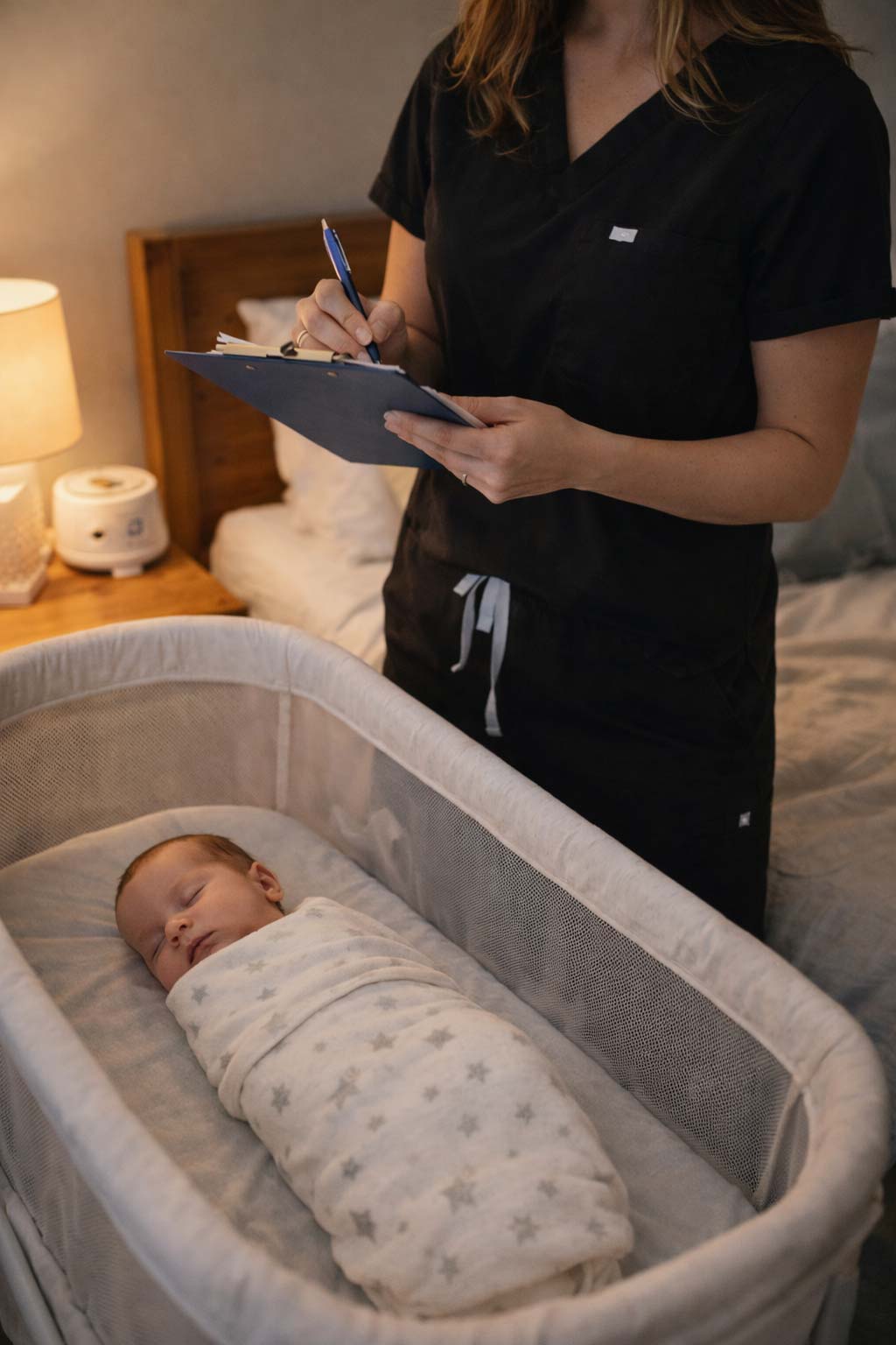 A nurse writing notes on a clipboard beside a baby sleeping in a bassinet